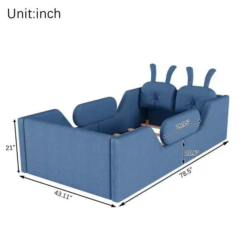 Whisen eenpersoonsbed met platform, gestoffeerd kinderbedframe voor op de vloer met konijnenkussen en afneembare zijhekken