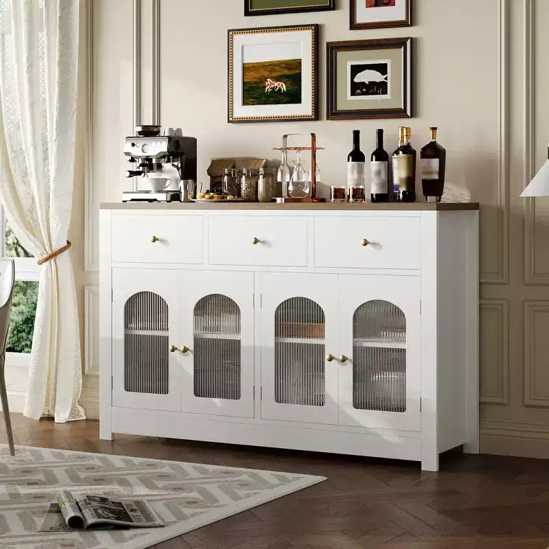 Credenza contenitore stretta da 55 pollici con 3 cassetti e 4 ante per cucina, sala da pranzo e soggiorno