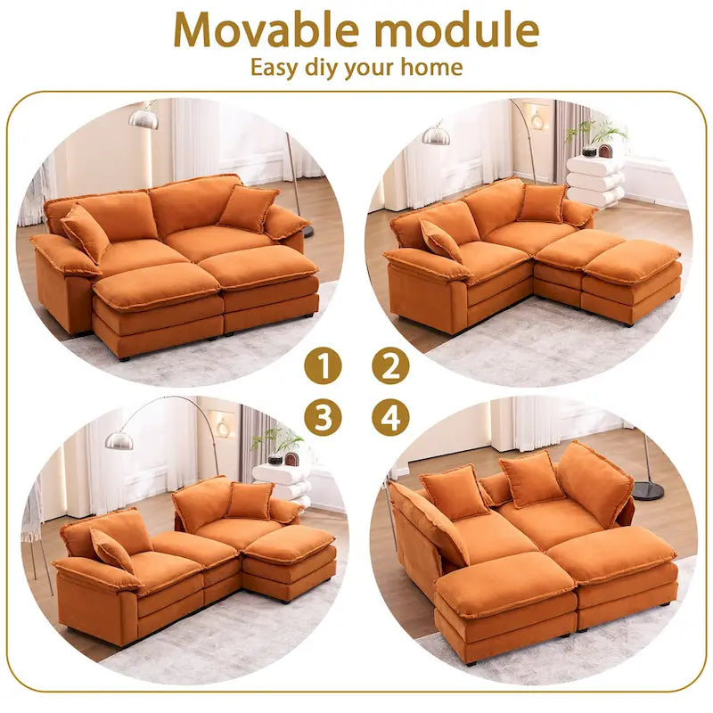 2-Sitzer-Sofa mit 2 Sitzkissen, 2 Kissen und 2 Hockern, bequemes Sofa - tiefes Sofa fürs Wohnzimmer, modulares Sofa