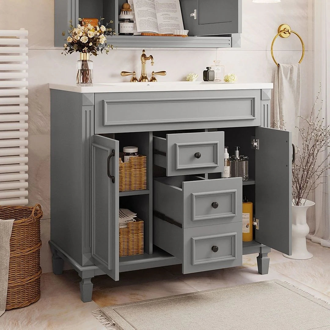 Meuble-lavabo de salle de bains moderne de 36' avec lavabo intégré et armoire à miroir, 2 portes et 2 tiroirs