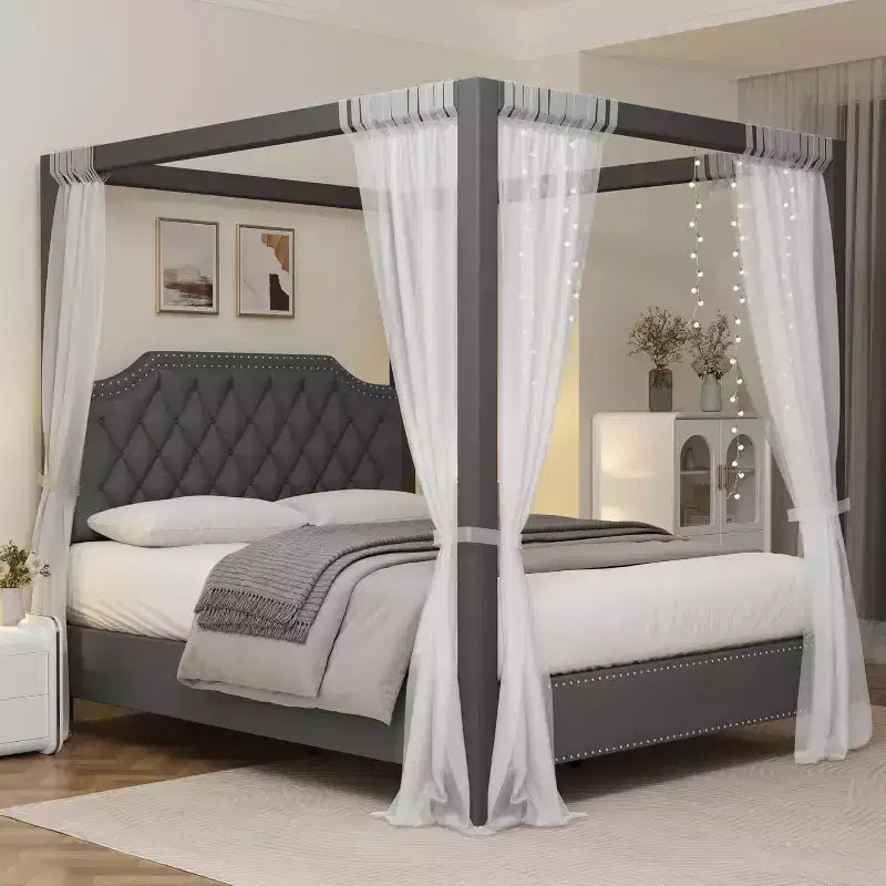 Estrutura de cama de dossel Queen com postes e suportes para os 4 cantos, estrado de ripas em madeira maciça, não necessita de sommier, sem ruídos