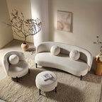 Gebogenes 3-Sitzer-Sofa mit kugelförmigen Kissen, beige Leinenmischung