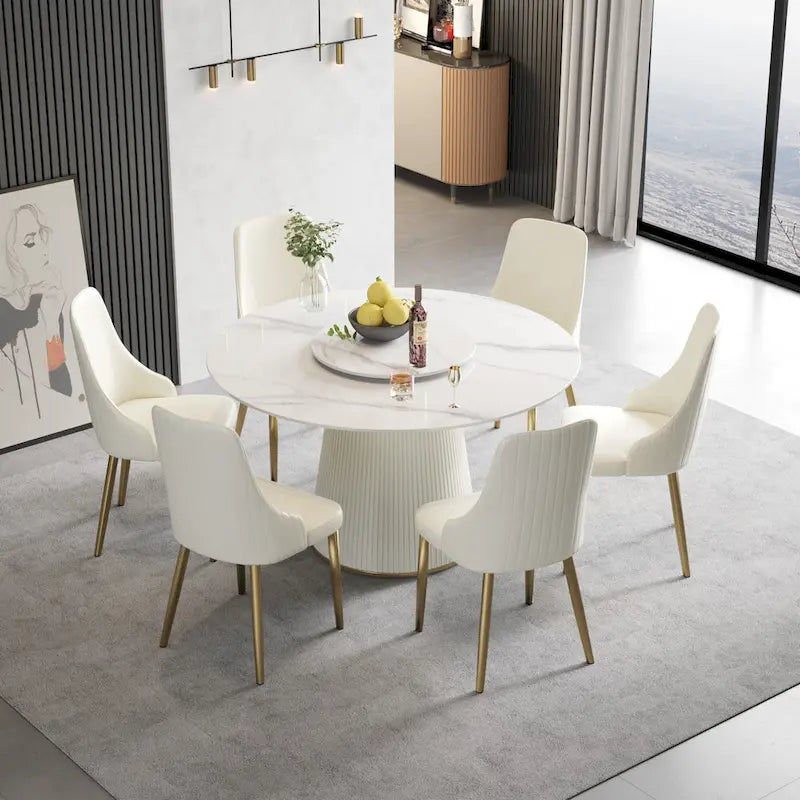Table ronde de salle à manger de 53 pour 6 personnes, avec plateau en pierre frittée et plateau tournant