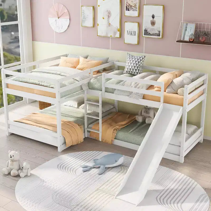 L-förmiges Etagenbett für 4 Kinder, Vierer-Etagenbett mit Rutsche und Bettgestell aus Holz in Full- und Twin-Size für Schlafzimmer und Wohnheim