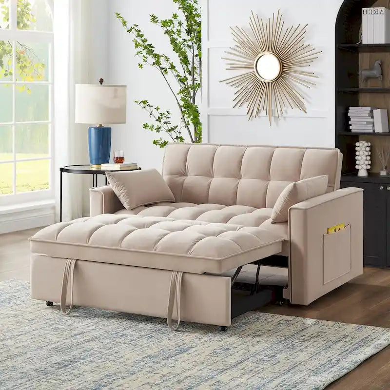 Rozkładana sofa dwuosobowa 4 w 1 z podłokietnikami i kieszeniami do przechowywania, wielofunkcyjna pikowana sofa z regulowanym oparciem