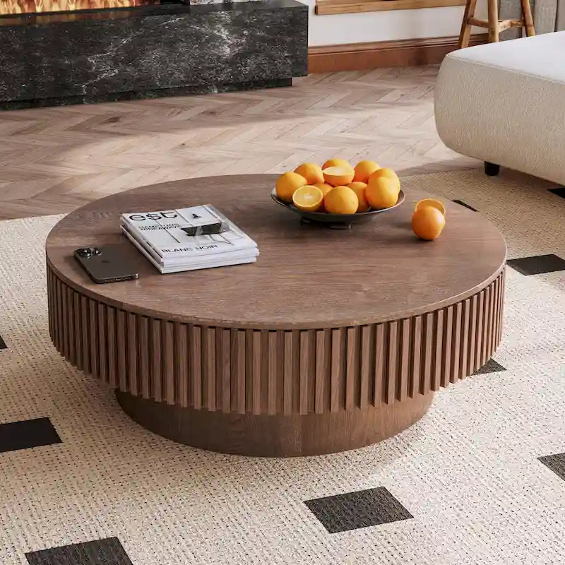 Moderner runder Couchtisch aus massivholzfurniertem Holz mit Stauraum