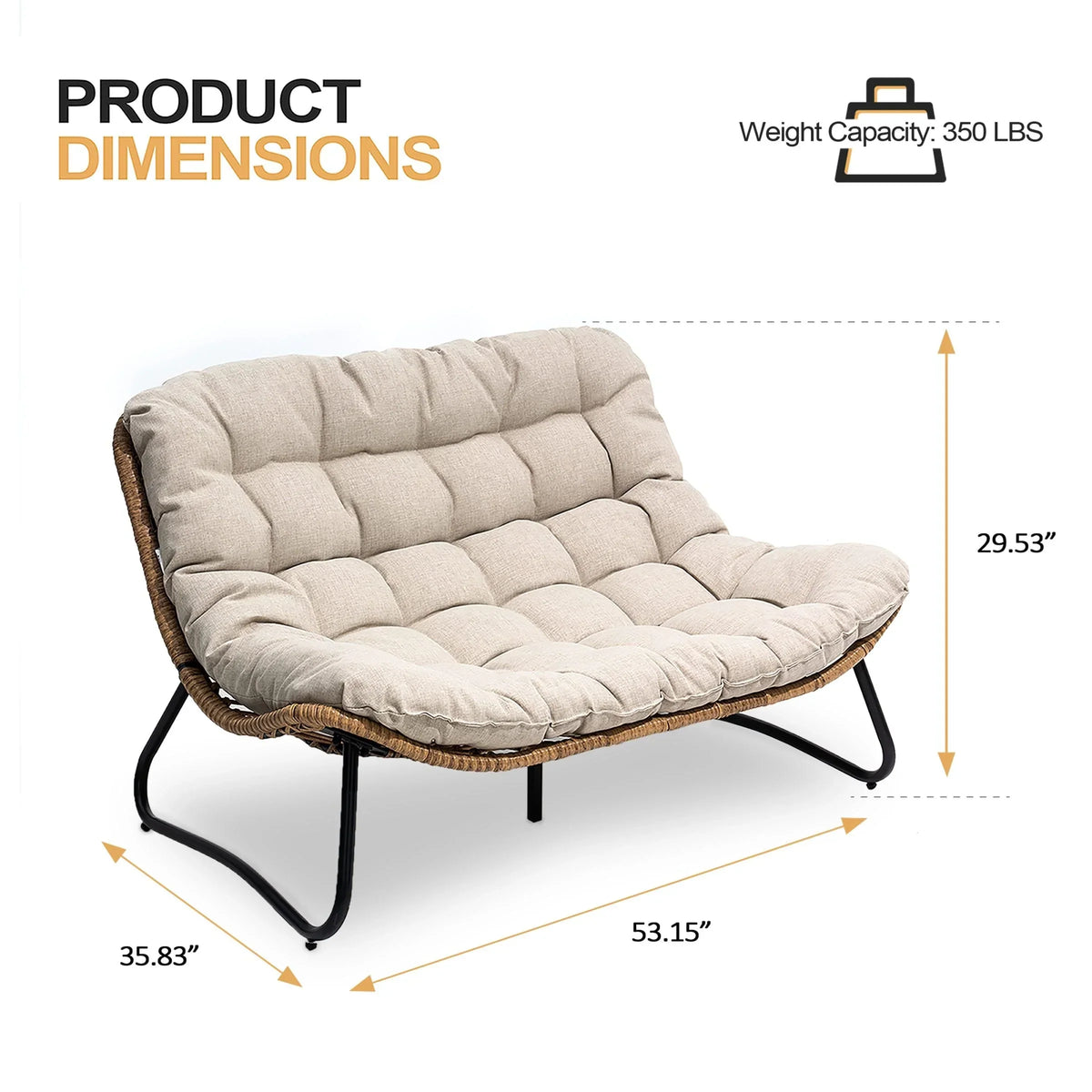 Poltrona doppia Papasan con cuscino, in rattan PE resistente a tutte le condizioni atmosferiche e struttura in metallo, per interni ed esterni