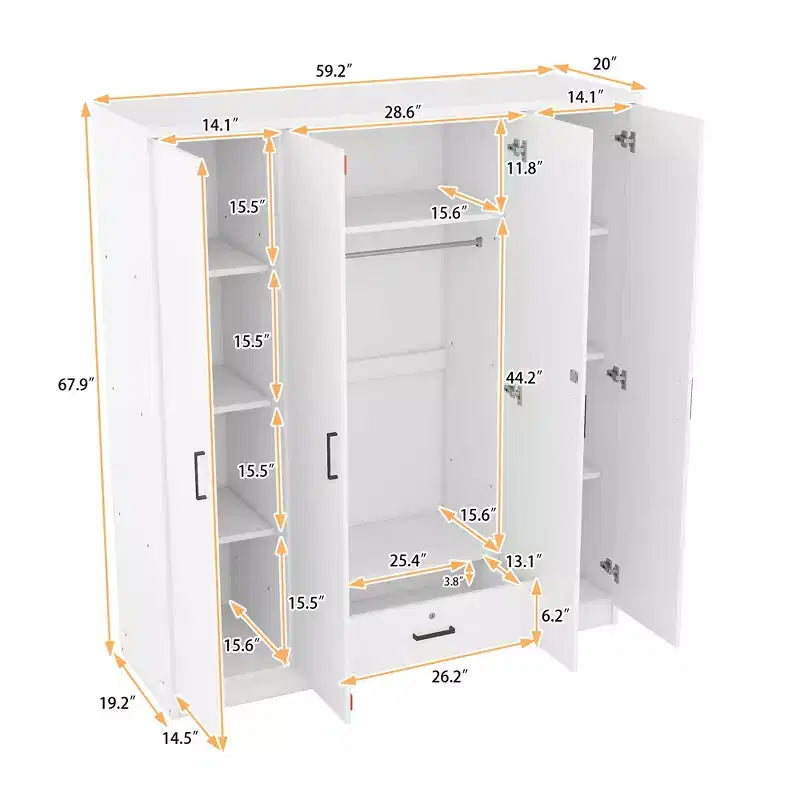 Viertüriger Kleiderschrank aus Holz mit Kleiderstange, 1 Schublade und Einlegeböden