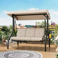 2-in-1-Convertible-Gartenschaukel für 3 Personen mit verstellbarem Sonnendach, Gartenschaukelbett mit Gestell, dicken Polstern und Getränkehaltern, für Hinterhof, Garten und Veranda
