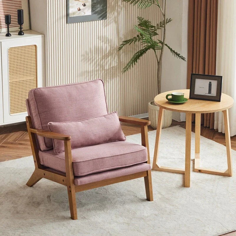 Gepolsterter Akzentstuhl aus Leinenmischgewebe mit Holzbeinen und einem Kissen, Beige