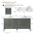 Vanity Art badkamermeubel van 72 met dubbele wastafel en een blad van kunstmarmer
