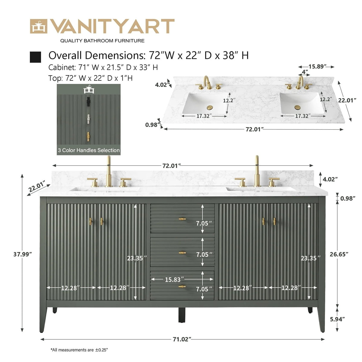 Vanity Art badkamermeubel van 72 met dubbele wastafel en een blad van kunstmarmer