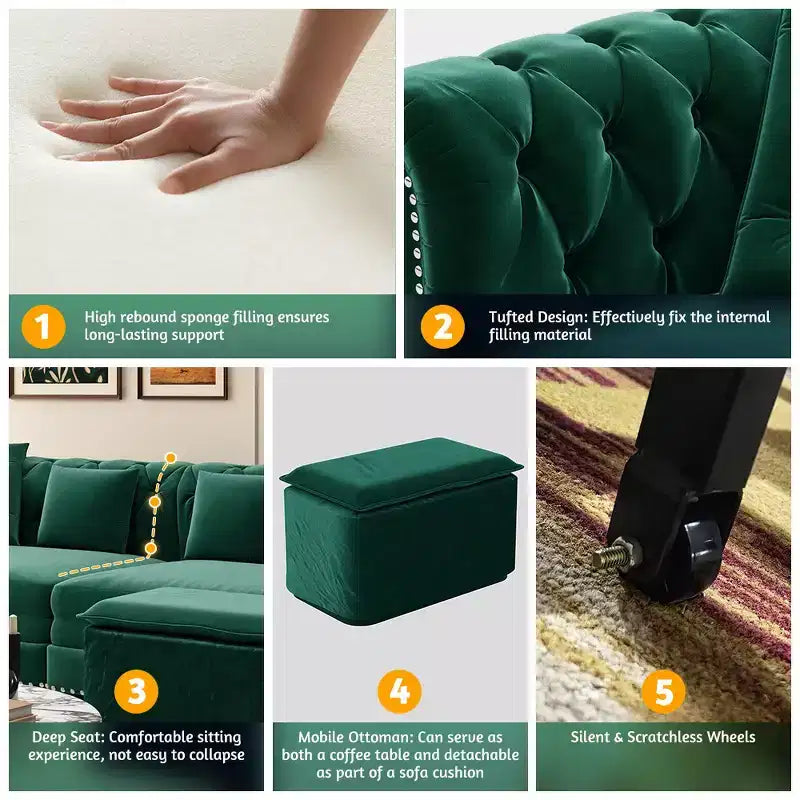 Whisen Schlafsofa aus Samt, 3-in-1, King Size, ausziehbar und umwandelbar, mit beweglichem Ottomanen, gestepptes Design