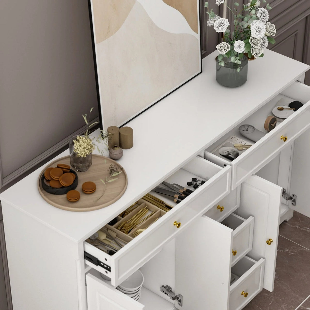 59.1' Sideboard, weiß, Mid-Century-Modern-Stil, zeitgenössisches Design, lackiert