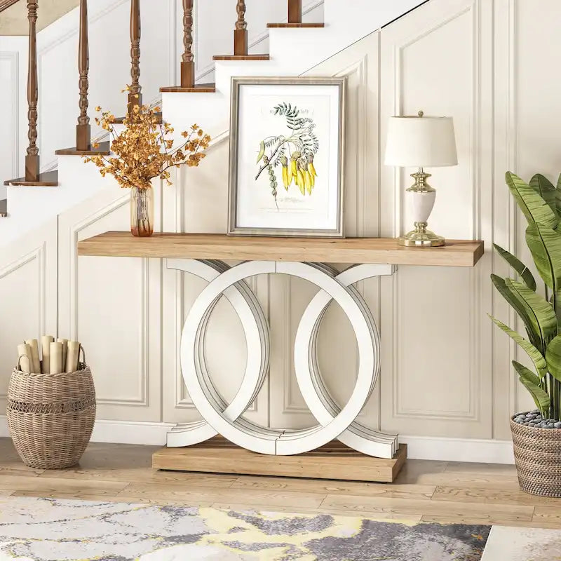 Vintage consoletafel met geometrisch onderstel, houten haltafel