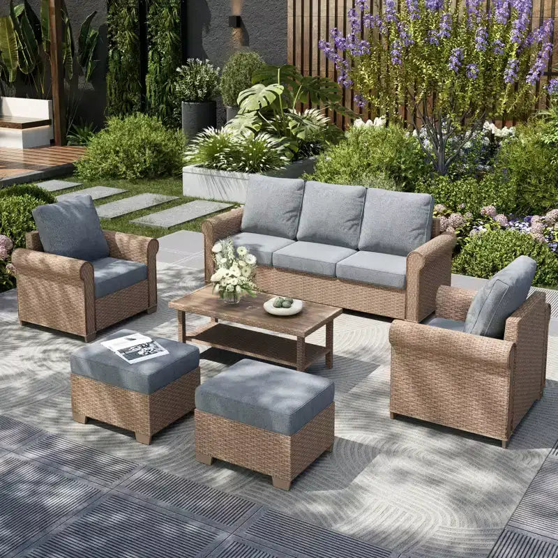 Set di divani da giardino in vimini di lusso Captiva Designs, 6 pezzi, con braccioli curvi e cuscini