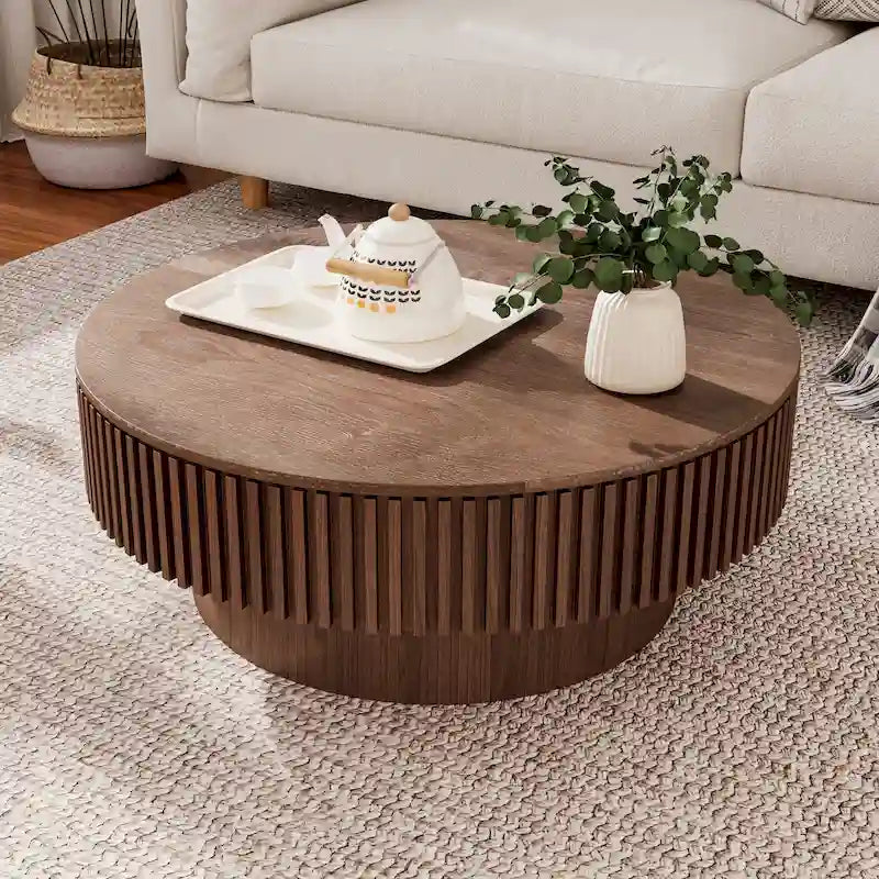 Moderner runder Couchtisch aus massivholzfurniertem Holz mit Stauraum