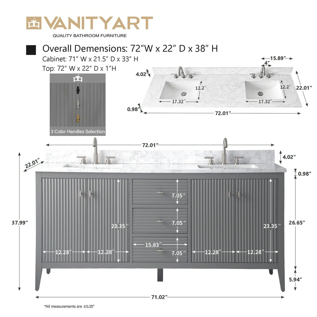 Vanity Art badkamermeubel van 72 met dubbele wastafel en een blad van kunstmarmer