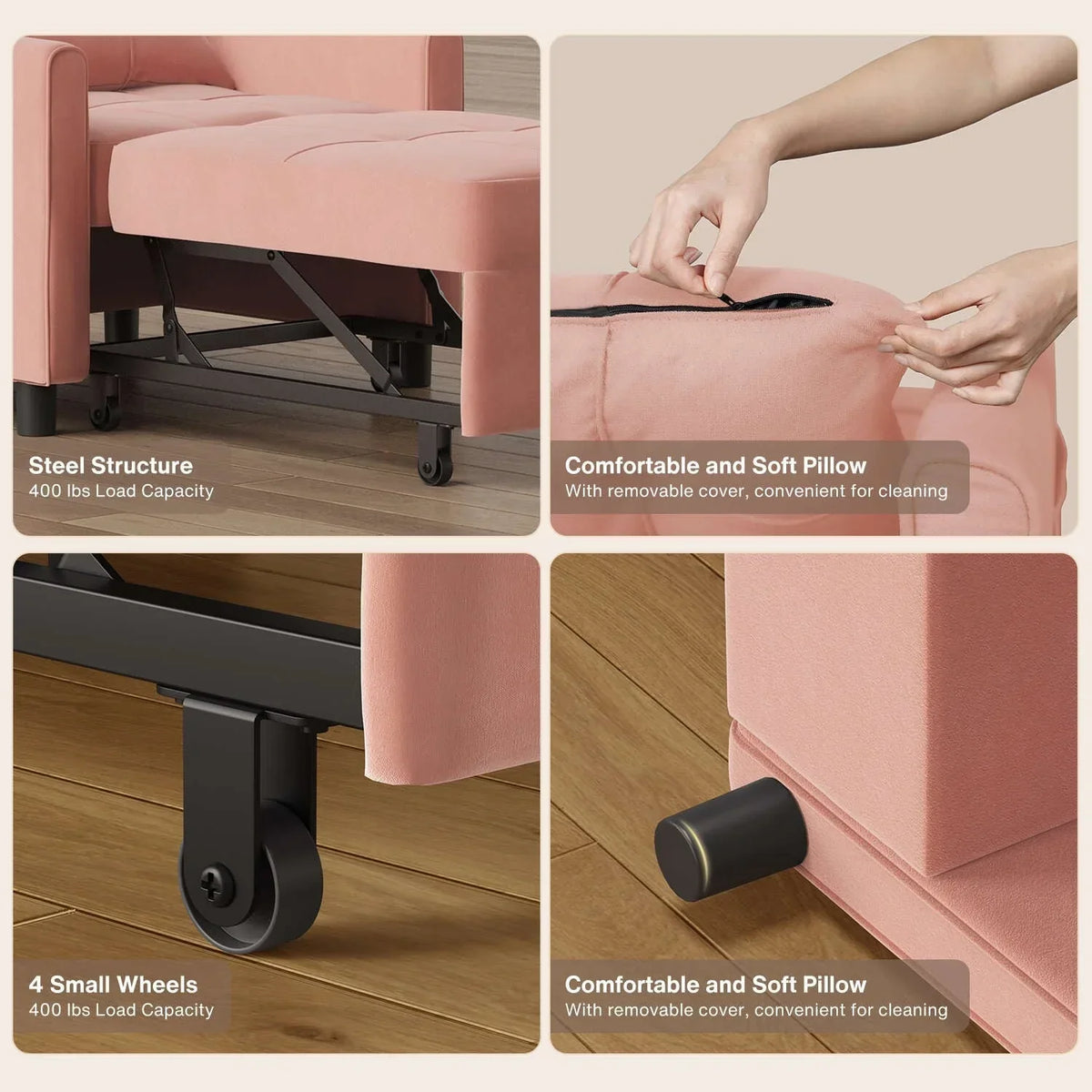 Sofá-cama ajustável 3 em 1, sofá-cadeirão extensível, cama dobrável convertível para sala de estar