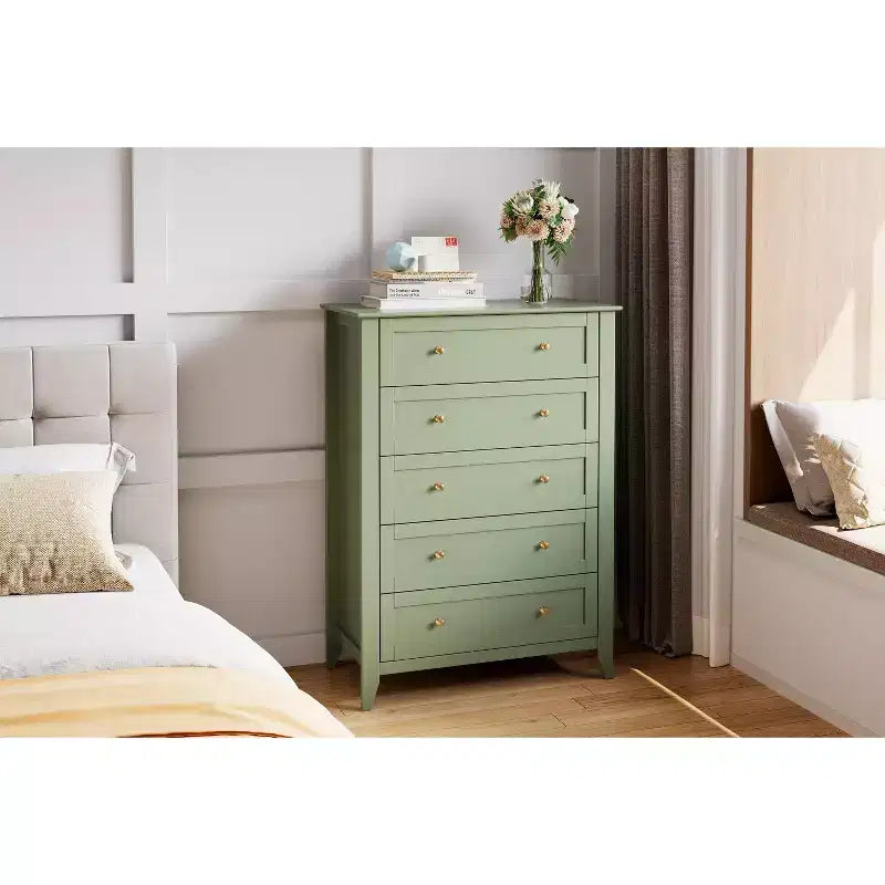 Kommode mit 5 Schubladen, 42.5 Zoll hoch, für das Schlafzimmer, Holzschrank mit 11.9 Zoll tiefen Schubladen und goldenen Metallgriffen, ideal für Eingangsbereich oder Flur