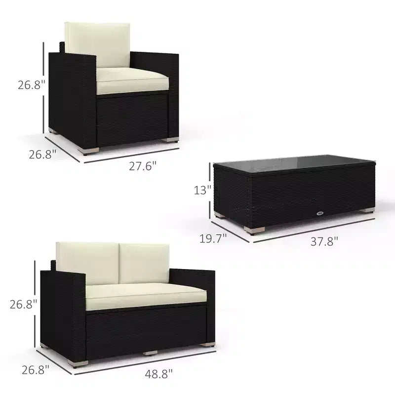 4-delige tuinset van rotan, loungeset van vlechtwerk met loveseat, stoelen en salontafel met glazen blad voor buiten