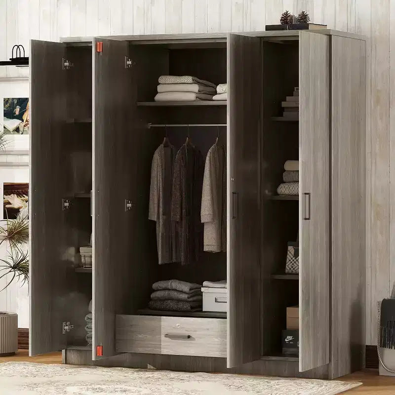 Viertüriger Kleiderschrank aus Holz mit Kleiderstange, 1 Schublade und Einlegeböden
