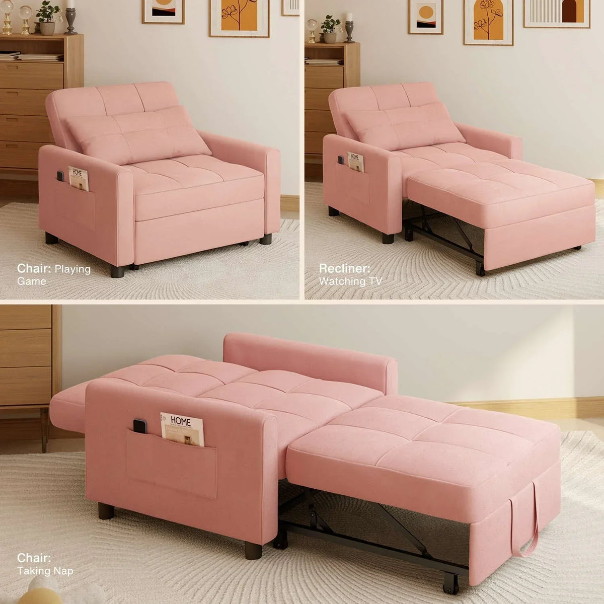 Sofá-cama ajustável 3 em 1, sofá-cadeirão extensível, cama dobrável convertível para sala de estar