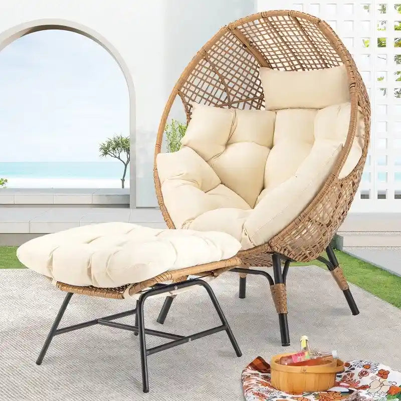 Fauteuil œuf d’intérieur FINCATI, fauteuil œuf d’extérieur supportant 440 lb, fauteuil œuf grand format avec pouf, fauteuil œuf luxueux et confortable avec repose-pieds