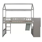 Hochbett in Hausform für Einzelbetten mit Rutsche und Treppe, Hochbett mit Schubladen, Holzhütten-Hochbett für Kinder und Kleinkinder