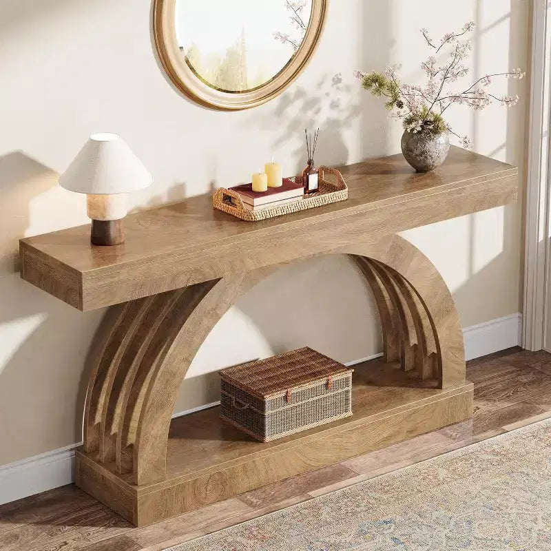 Lantine 63-Zoll-Eingangstisch, zweistöckiger Sofatisch hinter dem Sofa, schmale, einzigartige Konsole im Landhausstil mit Bogenform für Flur, Wohnzimmer und Eingangsbereich, naturfarben