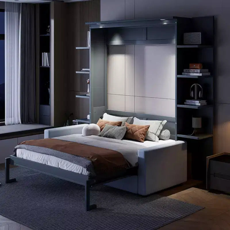 Letto a scomparsa matrimoniale Queen con divano, letto a scomparsa a parete con mobile contenitore, libreria e ripiani per camera degli ospiti e ufficio