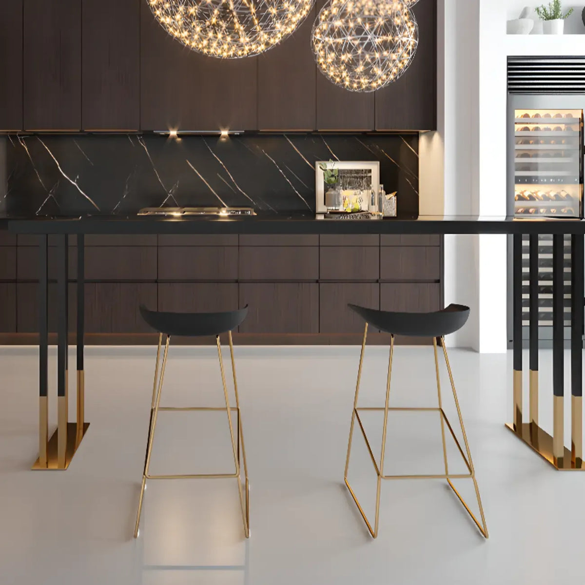 Table de bar rectangulaire de luxe en bois, avec piètement traîneau doré, pour salle à manger