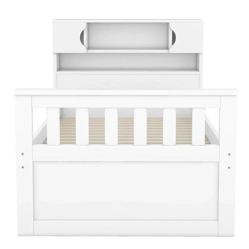 Lit plateforme capitaine une place/deux places avec 4 tiroirs et étagères de rangement, cadre en bois massif avec tête de lit bibliothèque et rangements
