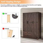 AMERLIFE 47-Zoll-Kleiderschrank im Landhausstil mit 3 Türen, 2 Schubladen, Kleiderstange und verstellbaren Einlegeböden, freistehender Kleiderschrank