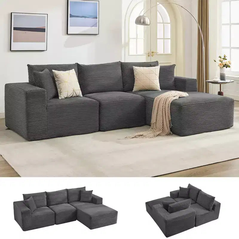 Canapé moderne 108, 3 places en L rembourré avec oreillers, assise profonde, aucun montage requis