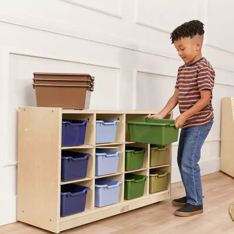 Mobiler Fächerschrank mit Tablettfächern und 15 Behältern mit Schaufelfront, 3x4, Kindermöbel