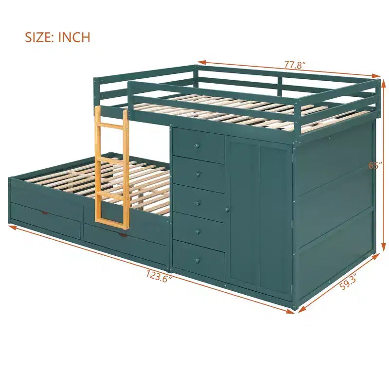 Etagenbett in Full-over-Full-Größe mit Kleiderschrank und Schubladen, platzsparendes Etagenbett aus Holz in Full-Größe mit Rausfallschutz für Wohnung und Schlafzimmer