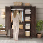 AMERLIFE 47-Zoll-Kleiderschrank im Landhausstil mit 3 Türen, 2 Schubladen, Kleiderstange und verstellbaren Einlegeböden, freistehender Kleiderschrank