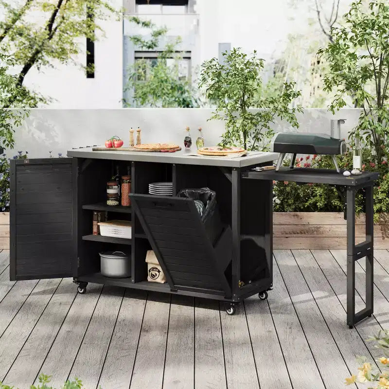 Isola da cucina da esterno da 78.3 pollici con piano in acciaio inox, postazione barbecue pieghevole e armadietti contenitori, nera