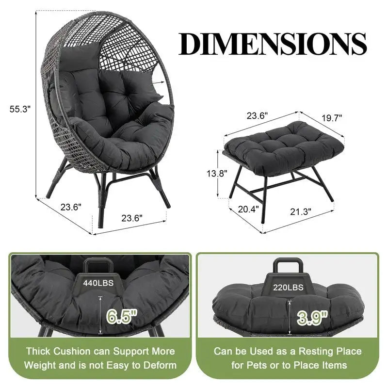 Fauteuil œuf d’intérieur FINCATI, fauteuil œuf d’extérieur supportant 440 lb, fauteuil œuf grand format avec pouf, fauteuil œuf luxueux et confortable avec repose-pieds