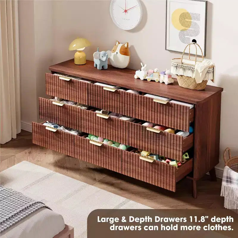 Kommode mit 9 geriffelten Schubladen, moderne Anrichte, TV-Ständer aus Holz, geschwungenes Design, für Wohnzimmer und Flur