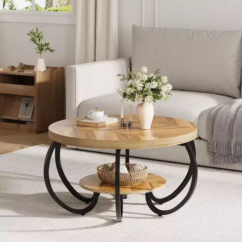 Ronde industriële salontafel van 30 inch, 2 niveaus, met verstelbare voetjes, plank met houtnerf, vlamontwerp, eenvoudig te monteren, voor de woonkamer
