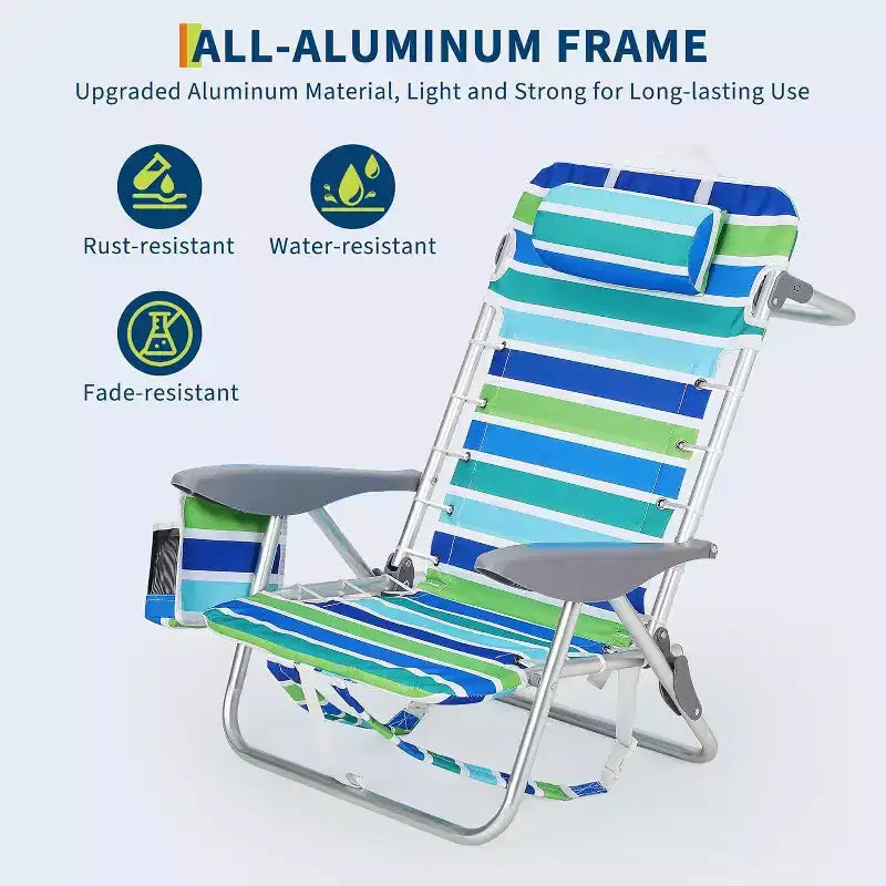 Acekool 2er-Pack leichte Strandstühle im Rucksackdesign, 5-fach verstellbare, flach klappbare Stühle für Erwachsene mit Gurten, Getränkehalter und Handtuchstange, belastbar bis 300 lbs