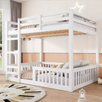 Letto a castello in legno a due piazze con scala e sponde di protezione, letto a castello basso a due piazze con supporto a doghe