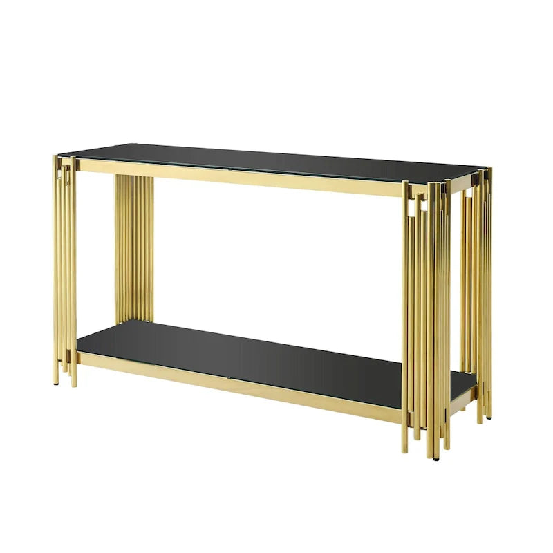 Smalle consoletafel met 2 niveaus, goudkleurig metalen frame en blad van gehard glas