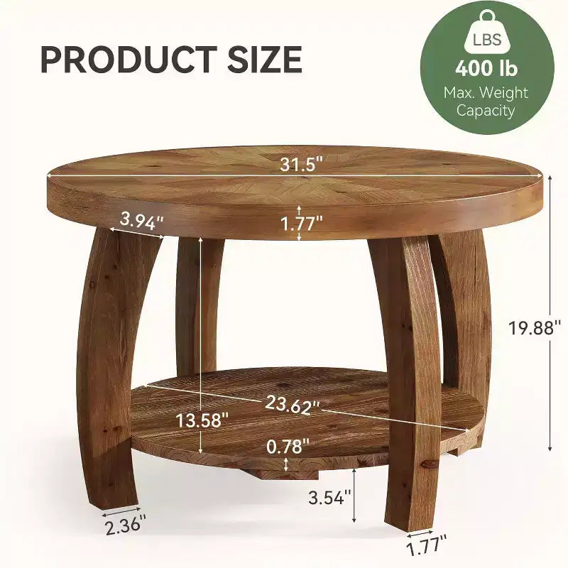 Lantine ronde salontafel van massief hout, bijzettafel met 2 niveaus en opbergruimte, tafelblad van 31.5 inch met mozaïekpatroon, eenvoudig te monteren, voor de woonkamer, bruin