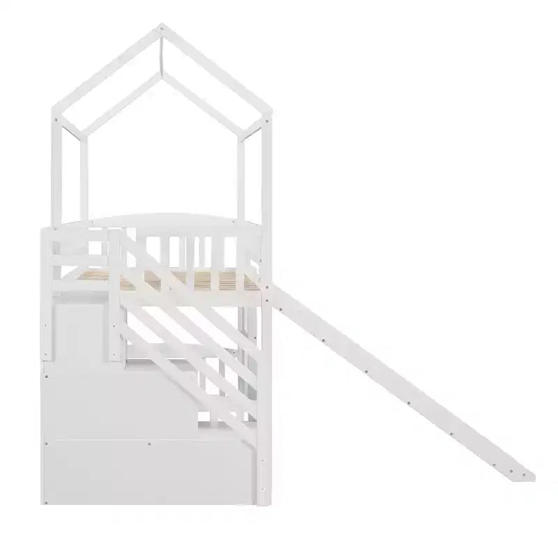 Hochbett in Hausform für Einzelbetten mit Rutsche und Treppe, Hochbett mit Schubladen, Holzhütten-Hochbett für Kinder und Kleinkinder