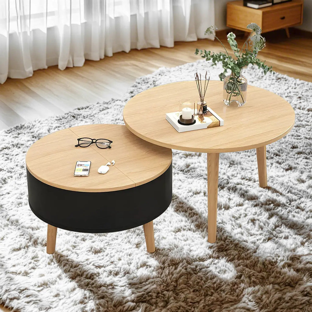 Moderne ronde houten salontafel in zwart-wit met opbergruimte