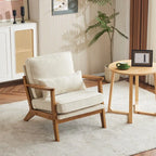Gepolsterter Akzentstuhl aus Leinenmischgewebe mit Holzbeinen und einem Kissen, Beige