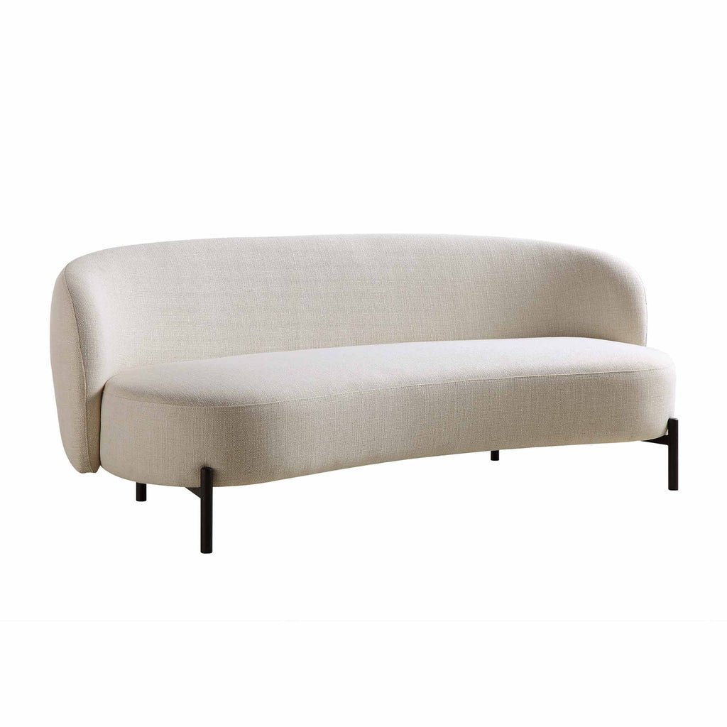 Gebogenes 3-Sitzer-Sofa mit kugelförmigen Kissen, beige Leinenmischung